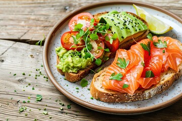 Toast bread with salted salmon and guacamole avocado in plate on wooden table