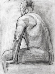 educational drawing of sitting nude male model drawn by hand by charcoal on white paper - 760851477