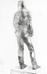 study drawing from back of male model dressed in hooded shirt and pants standing on podium drawn by hand with graphite pencil on white paper - 760851482