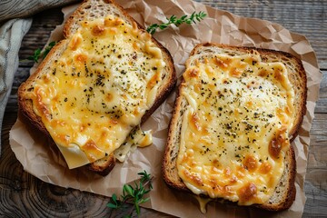 Top view of toast bread with melted mozzarella cheese on wooden table