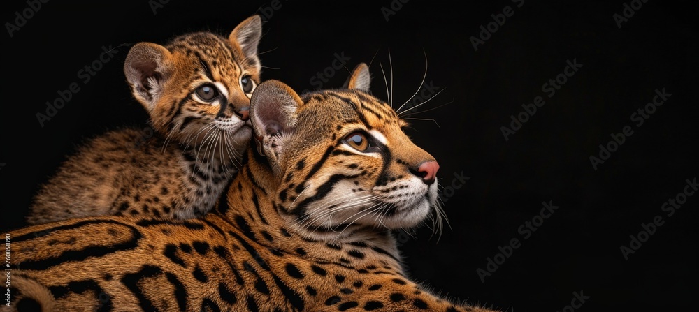 Poster geoffroy s cat and kitten portrait with blank space on the left for text insertion