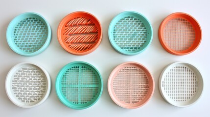 a group of nine tennis racquets sitting next to each other on a white surface in front of a white wall.