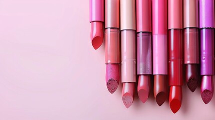  lipsticks  pink to purple shades. Concept: spring and summer makeup trends, cosmetic beauty and personal care.