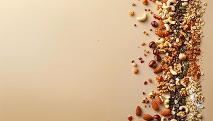 Assorted nuts on neutral background with generous space for customizable text placement