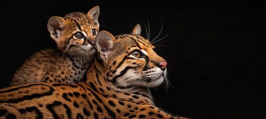 Geoffroy s cat and kitten portrait with blank space on the left for text insertion