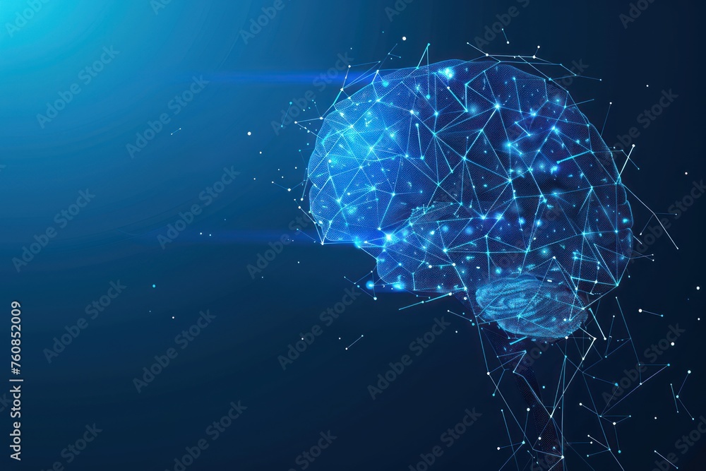Poster a blue brain with many lines and dots. the brain is made of lines and dots. scene is futuristic and 