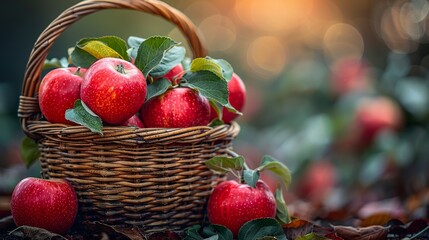 A wicker basket with ripe apples amidst the lush greenery of the garden. Fresh apples in a basket in a sweet and inviting aroma. Apples in lovely setting.