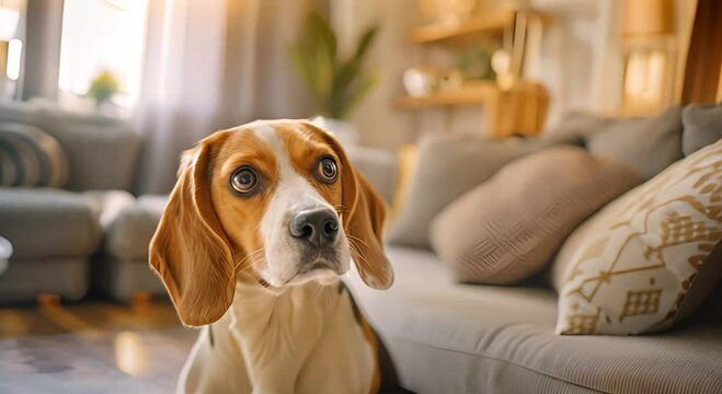  Selective Focus of Adorable Beagle Dog Gazing at Camera in Cozy Living Room, Heart-Melting Affection and Playful Nature Captured in Homely Setting
