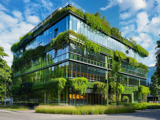 Fototapeta na wymiar Eco-Friendly Glass Office: Sustainable Building with Trees and Green Environment 