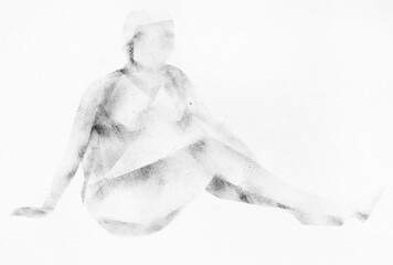 training sketch of female nude curvy model leaning on hand sitting on floor, hand-drawn by stamp with black tempera paint on white paper