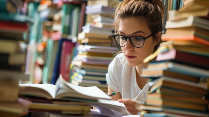 A woman wearing glasses is sitting in a library, surrounded by stacks of books. She is holding a...