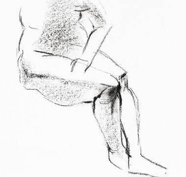 training sketch of legs of sitting mature female nude model hand-drawn in black sauce pastel on white paper