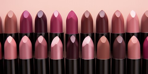 Obraz premium A number of lipsticks line up in color. Concept: cosmetic brands, beauty and fashion, window dressing and online stores, copy space template