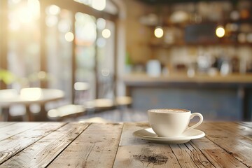 Cup of coffee on table in cafe on blurred background, sunlights and outdoors - obrazy, fototapety, plakaty