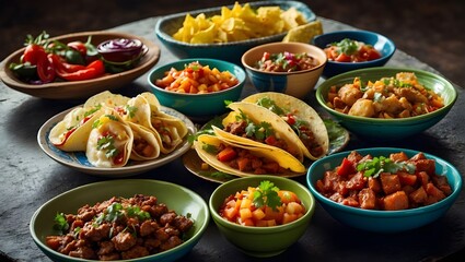The image showcases a variety of vibrant, fresh Mexican dishes including tacos, salsas, and sides, beautifully arranged on a dark surface

 - obrazy, fototapety, plakaty