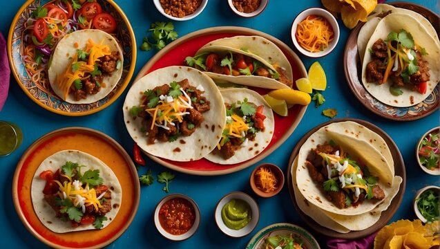 This image showcases a vibrant display of tacos with various toppings, surrounded by ingredients and sauces, on a bright blue background

