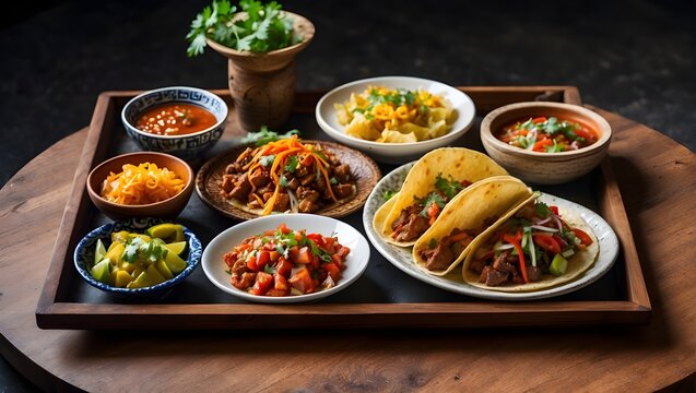 This vibrant image showcases a wooden tray filled with Mexican cuisine: soft shell tacos, salsa, cheese, pickled chilies, and more. Appetizing and colorful

