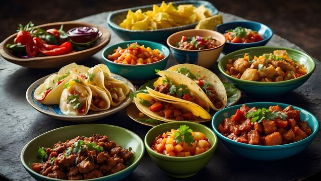 The image showcases a variety of vibrant, fresh Mexican dishes including tacos, salsas, and sides, beautifully arranged on a dark surface

