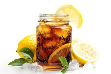 Glass jar with iced tea and lemon on white background