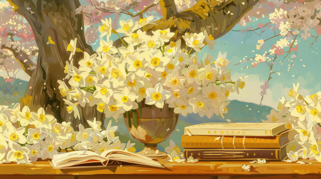 a painting of a book and a vase of flowers on a table with a painting of a tree in the background.