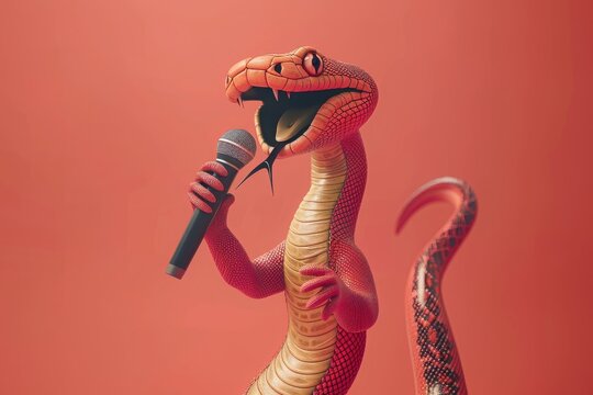 A charismatic snake holds a microphone and sings passionately, adding a unique and captivating twist to a musical performance.

