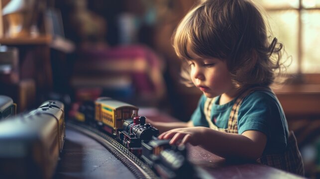 A young child playing with a toy train set.