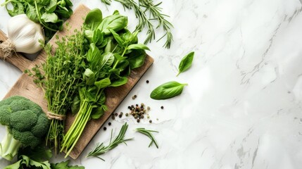 Collection of fresh green vegetables and fruits. Food photography. Source of protein for vegetarians. Healthy eating concept. Green vegetables and fruits on a marble background.