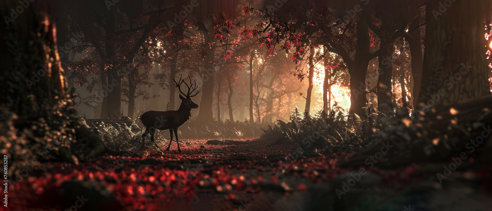 Poster a deer standing in the middle of a forest with red leaves on the ground and trees with red leaves on