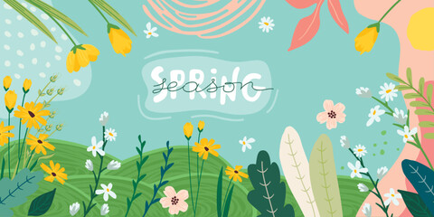 Colorful banner with spring garden flowers,twigs,leaves,herb and hand lettering.Abstract background with plants,dots,lines.Botanical vector design for card,cover,poster,flyer,wallpaper,invitation.