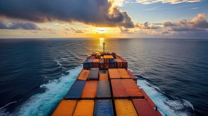 Foto op Plexiglas A massive container ship glides gracefully over the vast expanse of liquid beneath the captivating landscape of water, sky, and horizon. AIG41 © Summit Art Creations