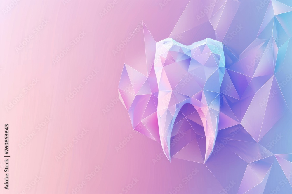 Poster a tooth is shown in a colorful, abstract background. the tooth is surrounded by a pattern of triangl