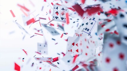 Vibrant playing cards caught in mid-flight, their edges crisply defined against a pure white background, invoking the anticipation and tension of a pivotal moment in a poker game.