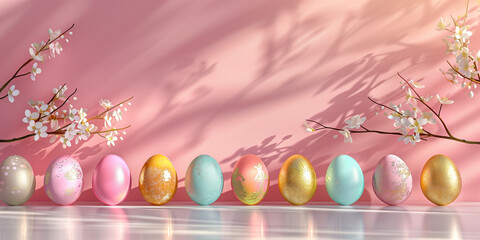 Colorful Easter eggs with flowers on a pastel pink background