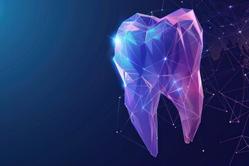 A tooth is shown in a blue background with a purple and blue color. The tooth is surrounded by a web of lines and dots, giving it a futuristic and abstract appearance - obrazy, fototapety, plakaty