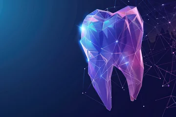 Foto op Canvas A tooth is shown in a blue background with a purple and blue color. The tooth is surrounded by a web of lines and dots, giving it a futuristic and abstract appearance © Nico