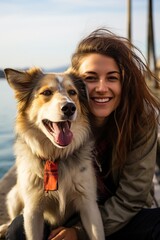 Young attractive woman sitting at the pier with her dog. Hugging and stroke lovely pet. Generative AI.