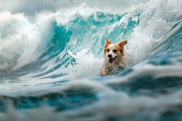 Cute baby-faced corgi dog happily riding a big wave in Hawaii. Ideal for pet enthusiasts, surfing enthusiasts, or tropical vacation advertisements. - obrazy, fototapety, plakaty