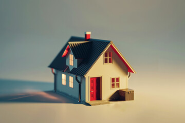 Miniature 3D house model accompanied by keys, symbolizing property ownership. Suitable for real estate websites, property management ads, or home insurance promotions