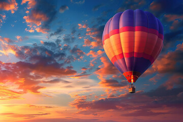 Hot air balloon in blue sky at sunset lights