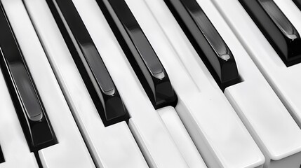 Monochrome close up image of a black and white piano keyboard for music enthusiasts