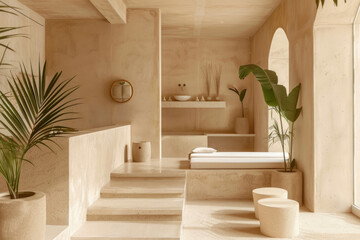 Minimalist tropical spa with beige cement accents. Perfect for spa and wellness websites, interior design inspirations, or lifestyle magazines