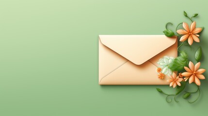 An envelope with a letter and spring flowers on a beige background. The idea of a holiday card for lovers. A congratulatory letter and a message.