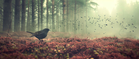 Fototapeta premium a bird standing in the middle of a forest with lots of birds in the air and trees in the background.