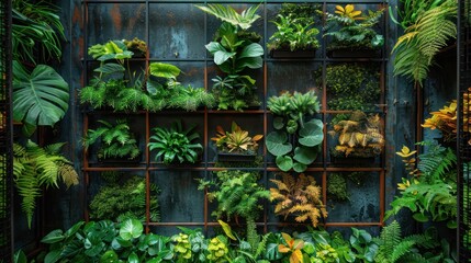 Fototapeta na wymiar Industrial Oasis - A fusion of raw metal and lush greenery in a vertical garden with a tranquil waterfall, embodying an urban jungle retreat