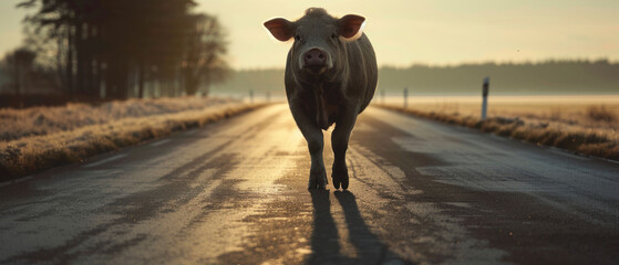 a cow walking down the middle of a road with the sun shining on the side of the road behind it.