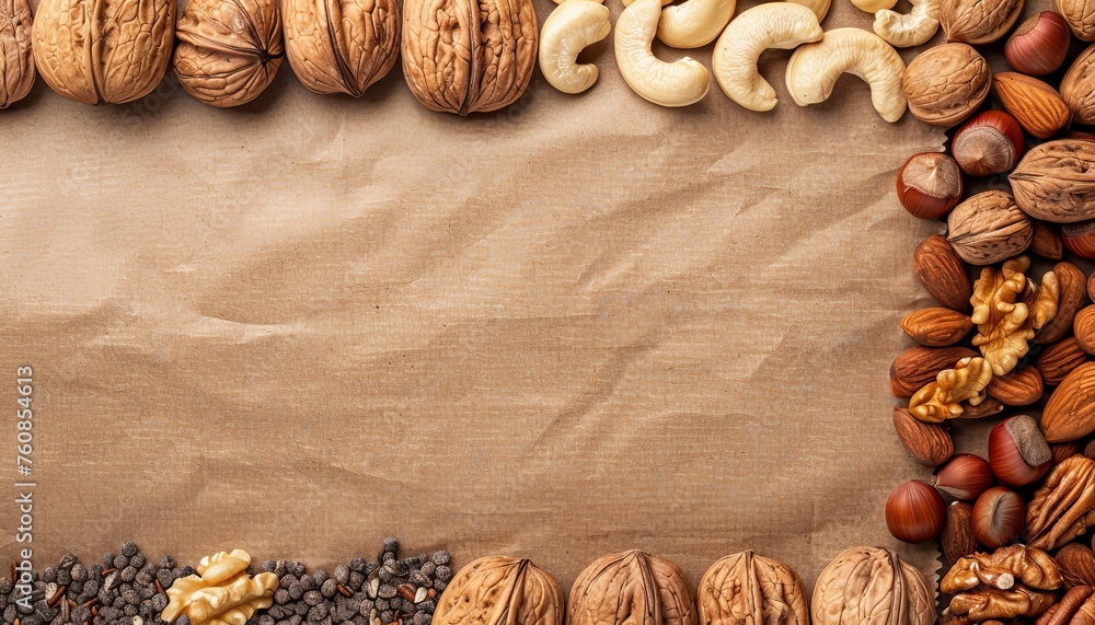 Aufkleber assorted nuts on neutral background with plenty of space for customized text placement