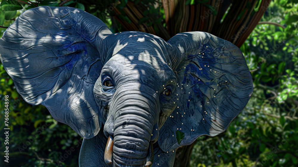 Poster a close up of an elephant's face with trees in the back ground and bushes in the back ground.