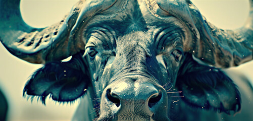 a close - up of a bull's face with very long horns and large, curved, curved horns.