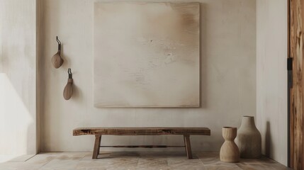 Modernist Entryway with Wooden Bench, Wall Hooks, and Large Abstract Painting in Soft Lighting