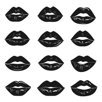 Different women's lips vector icon set isolated from background. Shape sending a kiss, kissing lips.